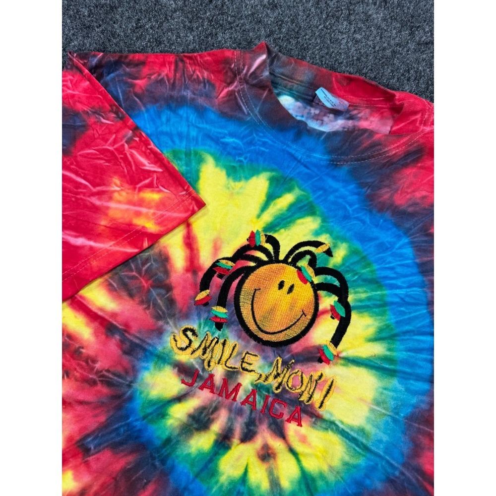 VTG Smile Mon Jamaica Tie Dye T Shirt Rasta Reggae Embroidered Anvil Large